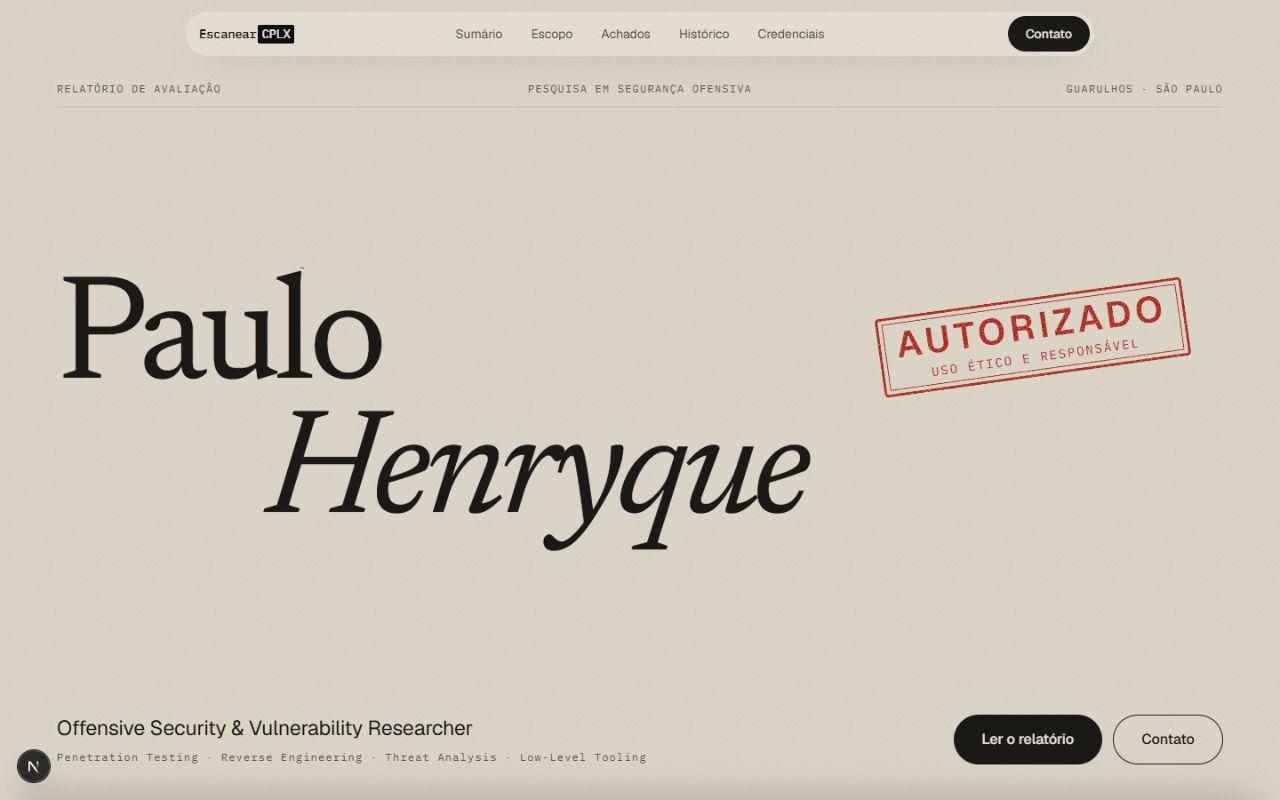 EscanearCPLX: capa do relatório com o nome Paulo Henryque e o carimbo Autorizado